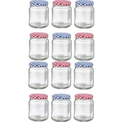 12 Small Glass Jam Jars With 12 Blue & Red Gingham Lids