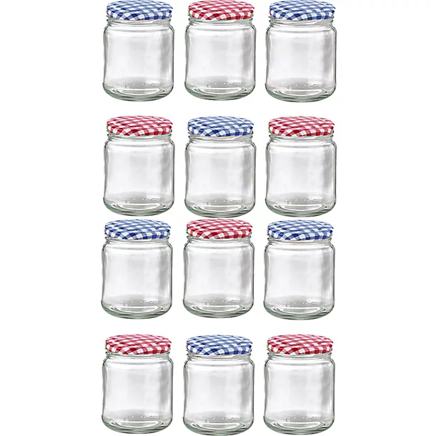 12 Small Glass Jam Jars With 12 Blue & Red Gingham Lids 3 12 Small Glass Jam Jars With 12 Blue & Red Gingham Lids
