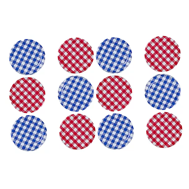 12 Small Glass Jam Jars With 12 Blue & Red Gingham Lids 6 12 Small Glass Jam Jars With 12 Blue & Red Gingham Lids - Image 4