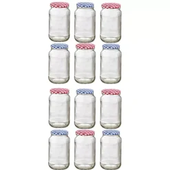 12 Standard Glass Jam Jars With 12 Blue & Red Lids 1lb 454g