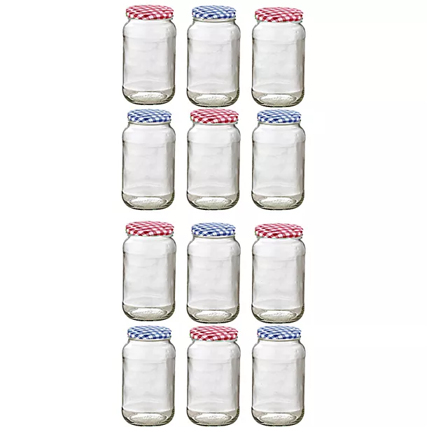 12 Standard Glass Jam Jars With 12 Blue & Red Lids 1lb 454g 3 12 Standard Glass Jam Jars With 12 Blue & Red Lids 1lb 454g