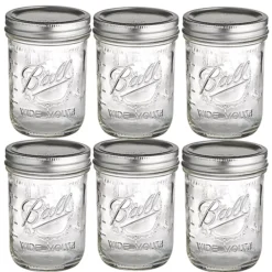 6 Ball Wide Mouth Embossed Glass Jam Jars And Lids 473ml